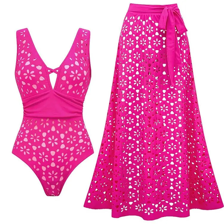 Women Bikini Set Swimsuit Sexy V Neck Solid Color Laser Cutting Flower Swimsuit Beachwear Luxury Summer Beachwear Dress
