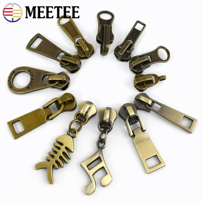 5/10Pcs Meetee 5# Bronze Zipper Slider Pull for Metal Zippers Sewing Bag Zips Puller Head Clothes Zip Repair Kit DIY Accessories
