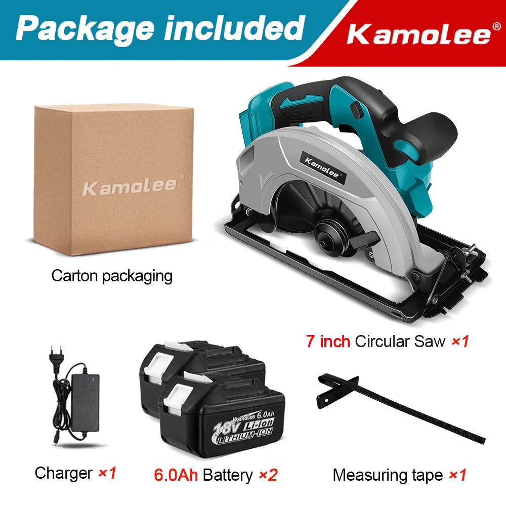 Kamolee 7 inch 21V 6.0Ah 6000mAh Electric Circular Saw  for Home DIY Apply to 18V 21V Battery