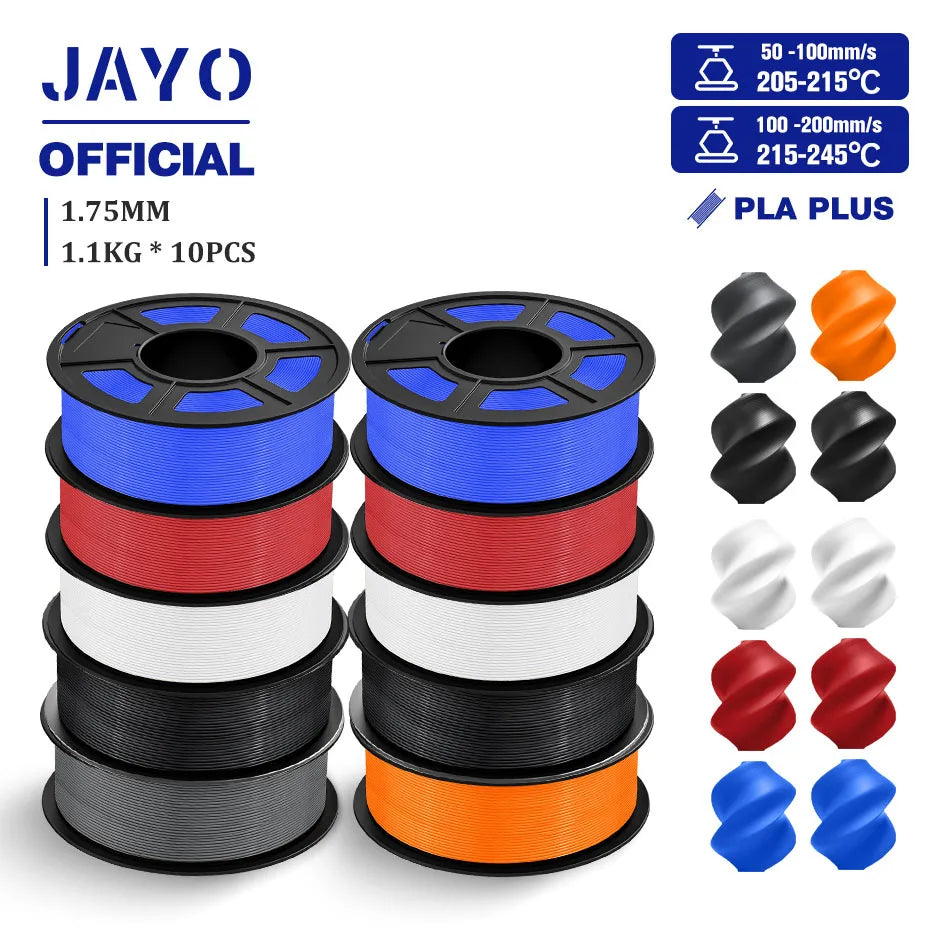 JAYO PLA + 3D Filament 1.75MM 10 Rolls PLA PLUS 3D Printer Filament Neatly Wound 3D Printing Filament 1.1kg Spool High Toughness