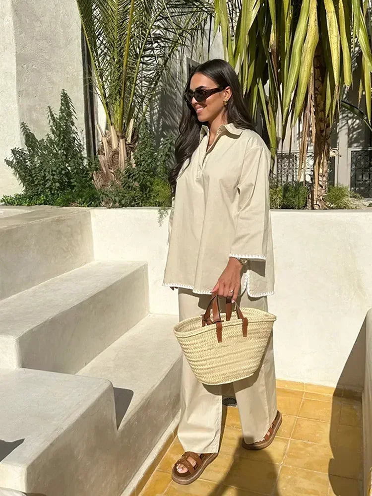 Women Vintage Solid Loose Pants Suit Lapel Single Breasted Long Sleeve Shirt Wide Leg Pants 2 Pcs Set 2025 New Ladies Streetwear