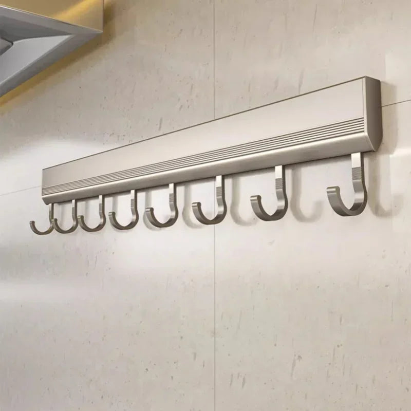 Kitchen Hook Wall Mounted Kitchen Storage Rack Storage Row Hook Holder No Punch Shelves with Movable Hook Kitchen Utensil
