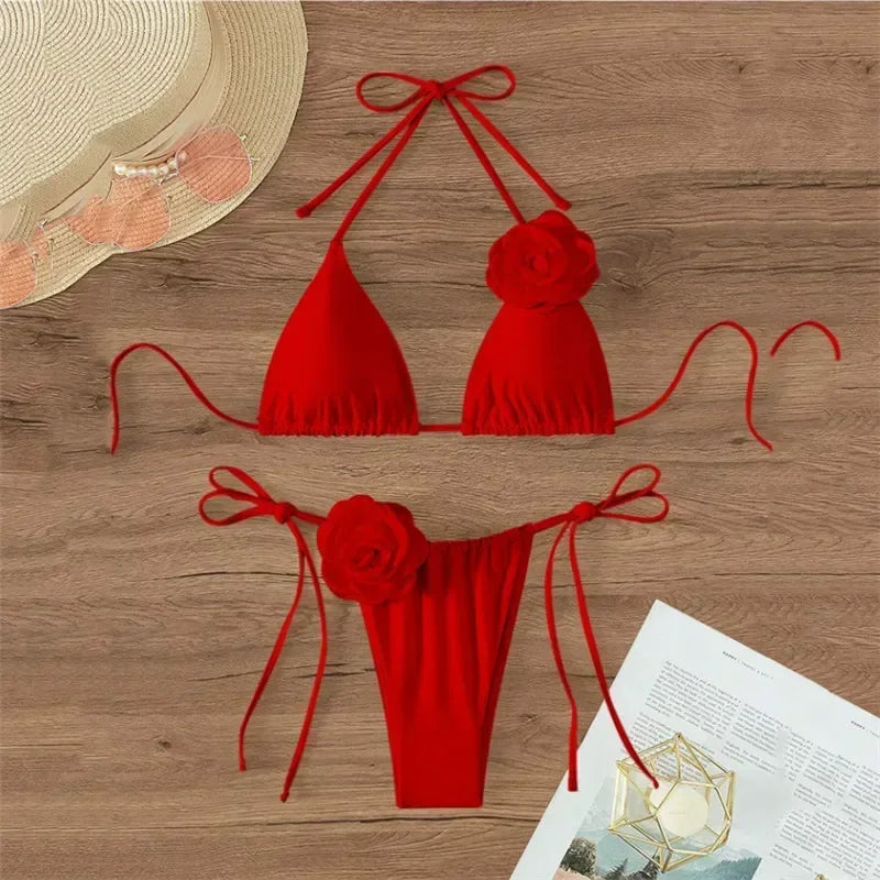 Sexy Flower Bandeau Swimwear Thong Bikini 2025 Women Lace-up Swimsuit Swimming Bathing Suit Brazilian Bikinis Sets Mujer Biquini