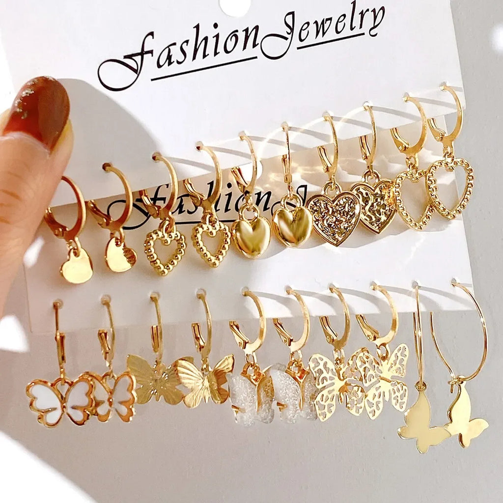 10pcs Gold Color Creative Simple Earrings Set for Women Fashion Temperament Hollowed-out Butterfly Love Earrings Jewelry Gifts