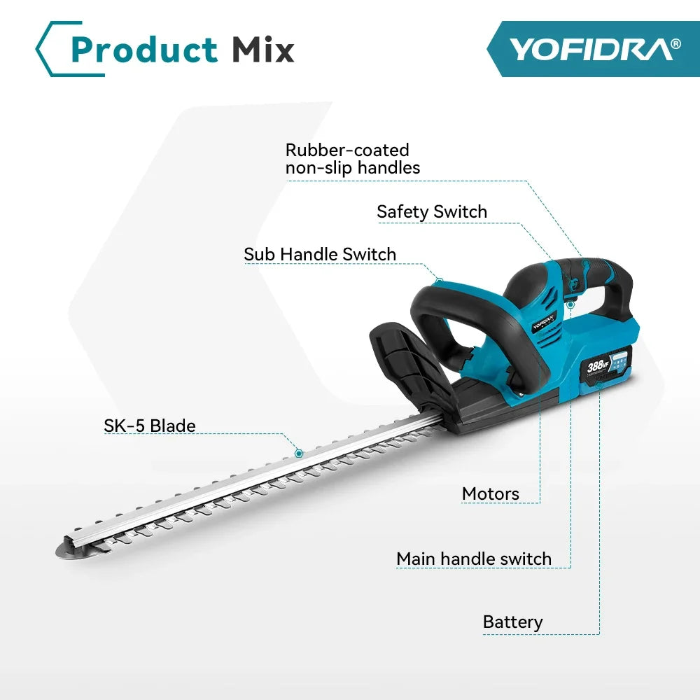 YOFIDRA 2000W Electric Hedge Trimmer Lawn Mower Cordless Household Garden  Shrub Weeding Pruning Tools For Makita Battery Pin