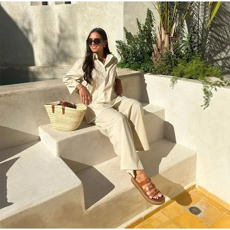 Women Vintage Solid Loose Pants Suit Lapel Single Breasted Long Sleeve Shirt Wide Leg Pants 2 Pcs Set 2025 New Ladies Streetwear