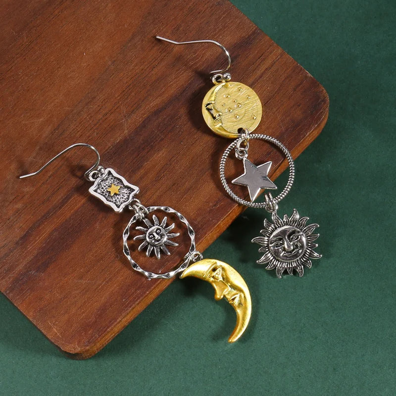 Greek Mythology Face Sun Moon Pendant Creative Design Women's Asymmetric Personality Pendant Earrings Party Gift Custom Jewelry