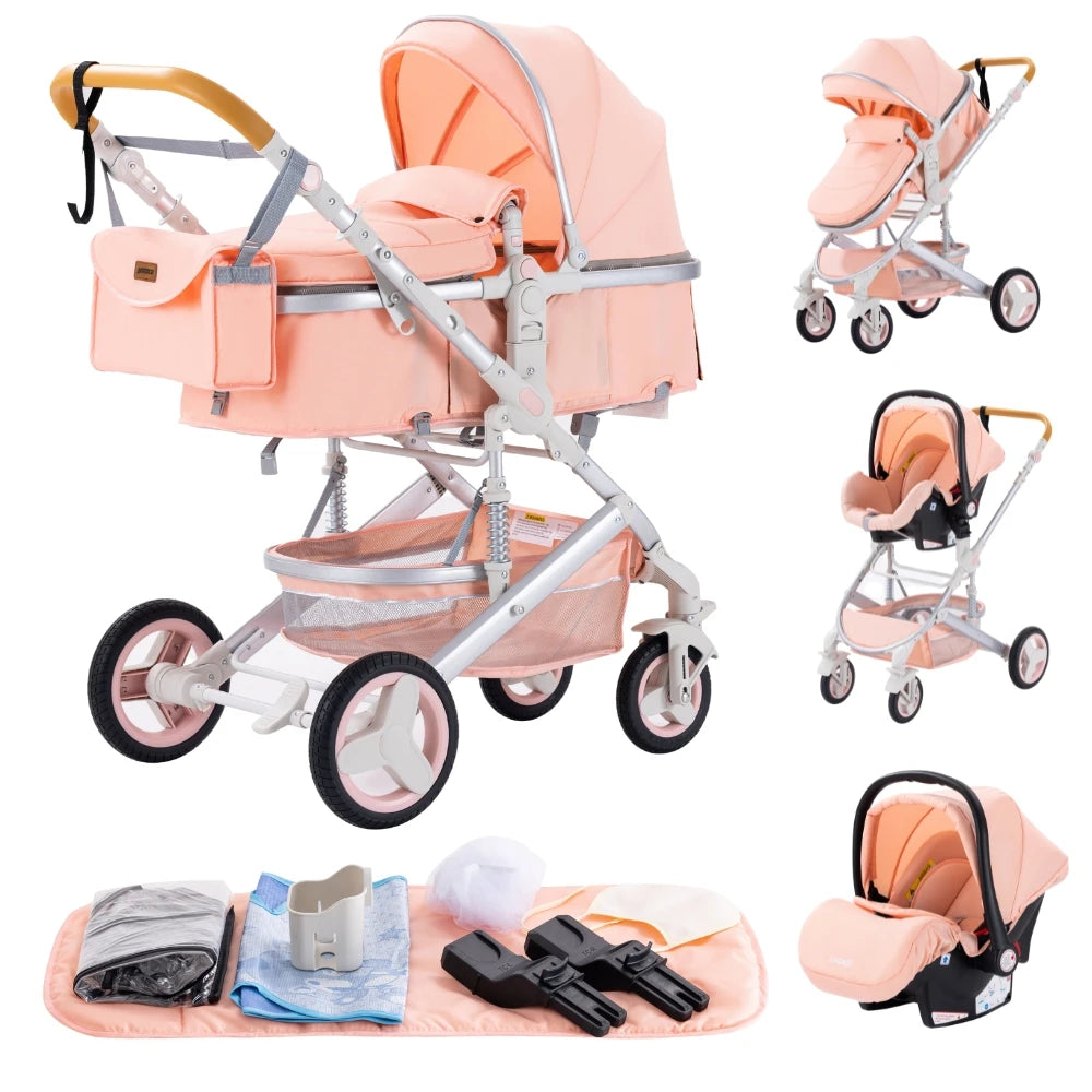 Luxurious 3 in 1 Baby Stroller Portable Travel Baby Carriage Folding Prams Aluminum Frame High Landscape Car for Newborn Baby BLACK