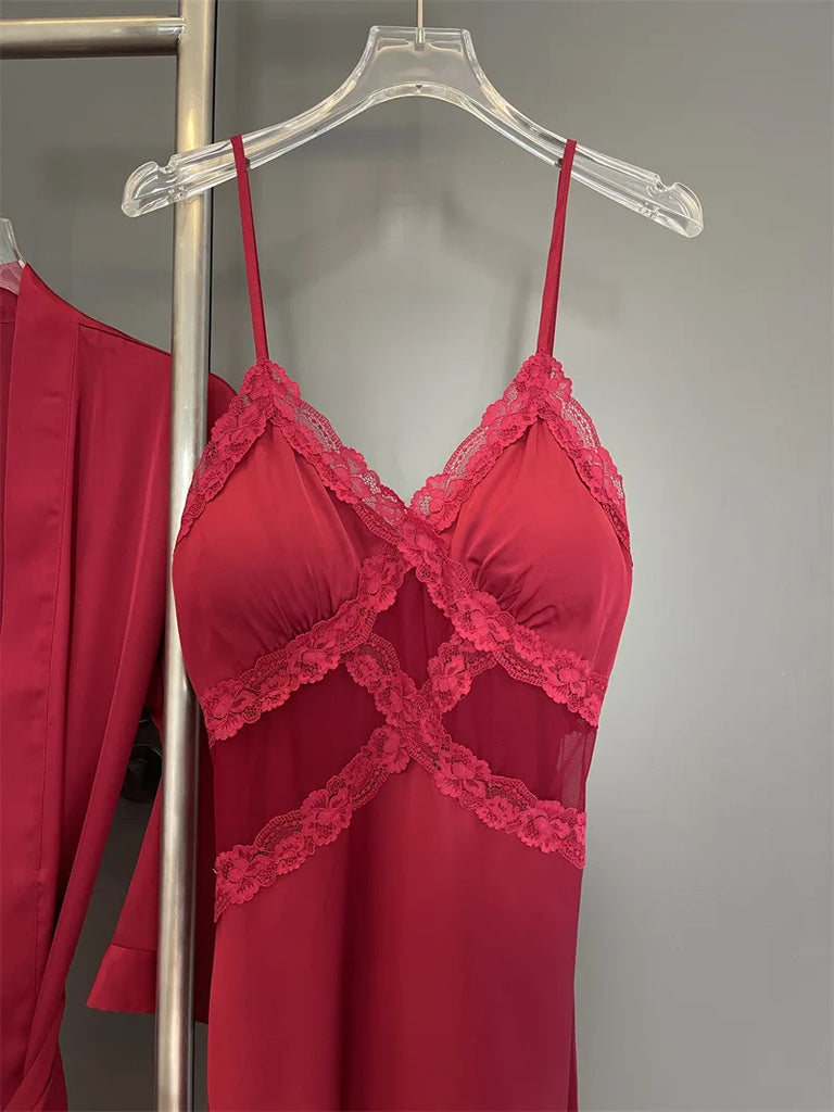 Sexy Female Nighty&Robe Set Lingerie Spring Summer Bathrobe Nightgown Two Piece Set Loose Silk Satin Home Dress Lounge Wear