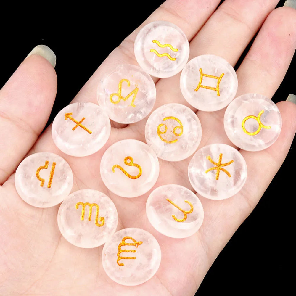 12pcs 18mm Round Zodiac Ornament Natural Stone Crystal Agate 12 Zodiac Sign Rune Reiki Stone Jewelry Accessories Christmas Gift