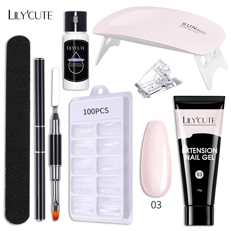 LILYCUTE 15ml Nail Extension Gel Kit Soak Off UV Gel Acrylic White Clear Pink Gel Nail Polish LED Lamp Manicure Set For Nail Art