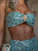 Sexy Sequined Bikini 2 Pieces Set For Woman Solid Strapless Sleeveless Crop Tops Slim A-line Mini Skirts 2025 Lady Summer Outfit