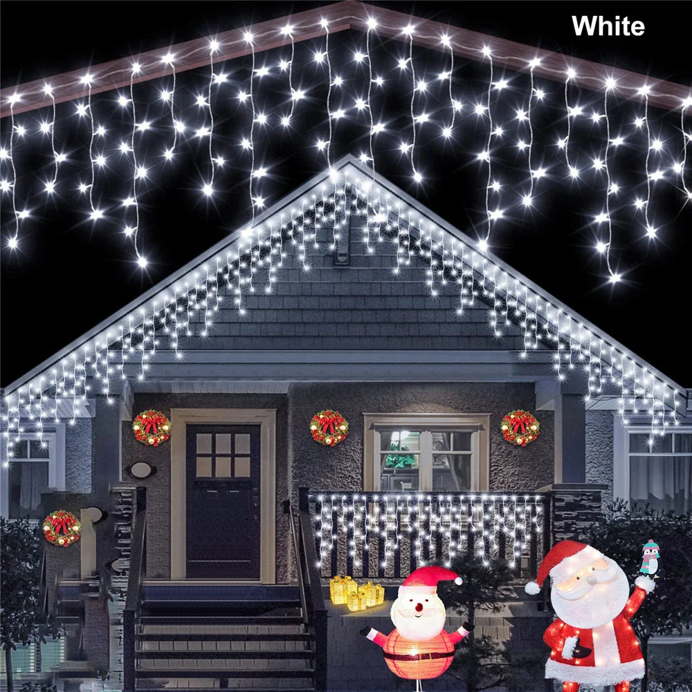 NEW 2024 Christmas Decorations Lights Solar Icicle Curtain Lights 8 Modes Outdoor Waterproof Garden Party New Year Decoration