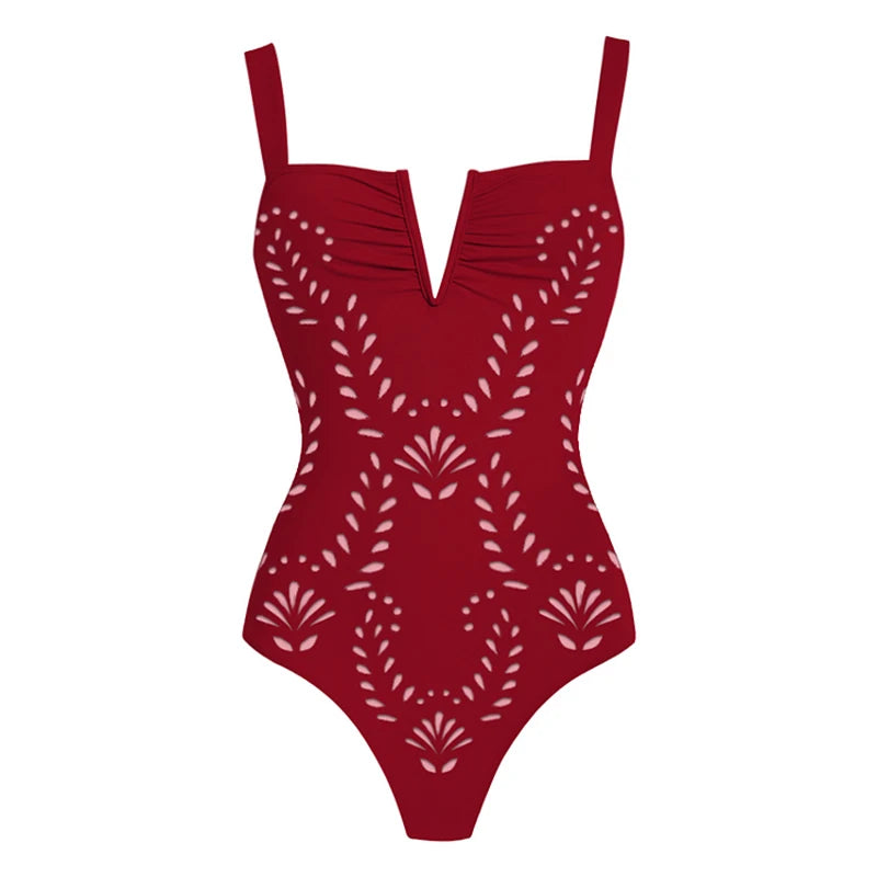 Women Bikini Set Swimsuit Sexy V Neck Solid Color Laser Cutting Flower Swimsuit Beachwear Luxury Summer Beachwear Dress