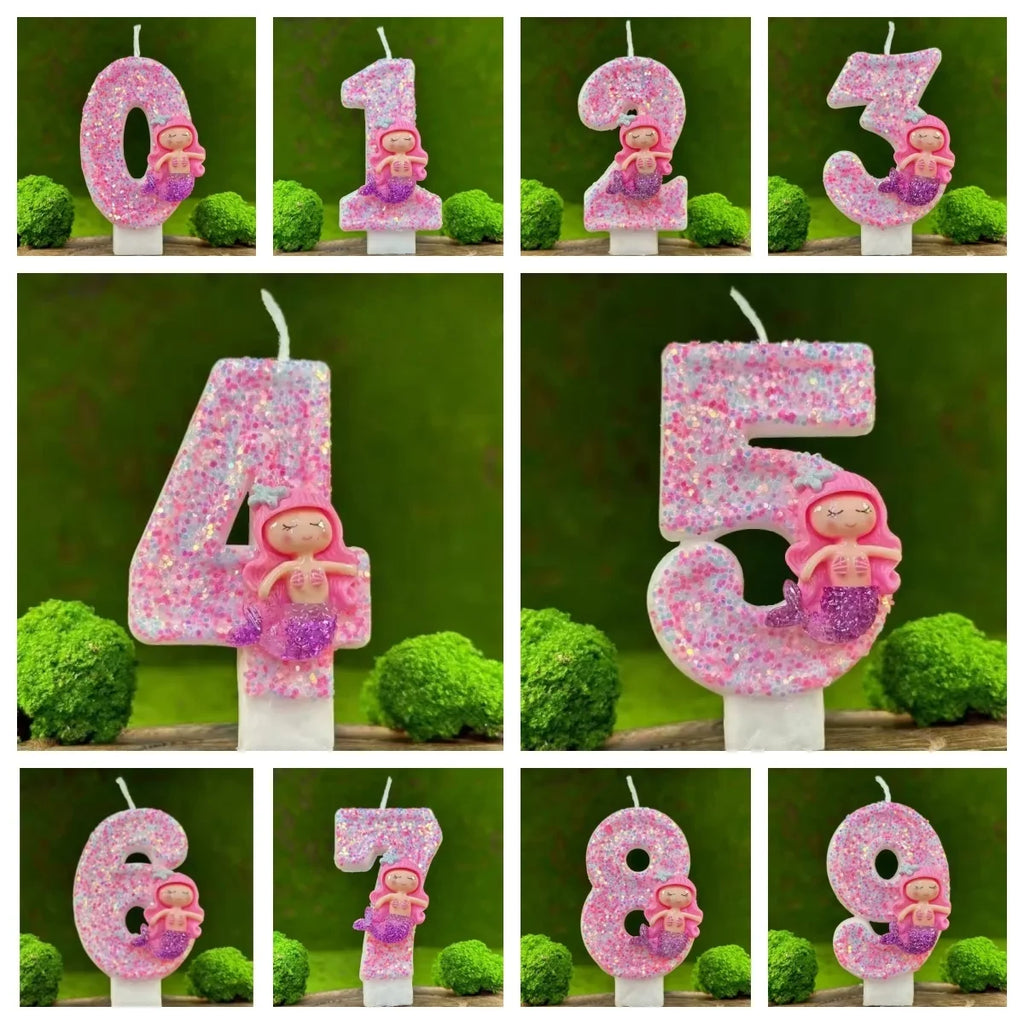 Sanrio Handmade DIY1pc Number 0-9 Pink cartoon mermaid Digital Candles with Sequins Suitable for Birthday Party Cake Decoration