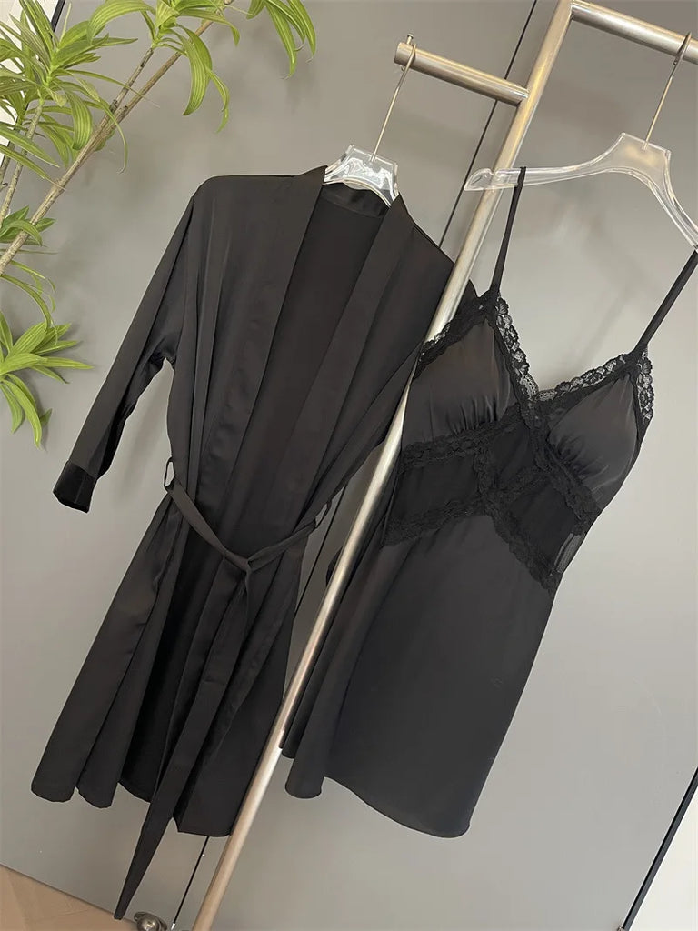 Sexy Female Nighty&Robe Set Lingerie Spring Summer Bathrobe Nightgown Two Piece Set Loose Silk Satin Home Dress Lounge Wear