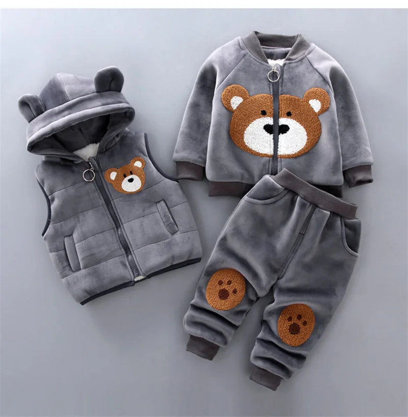 Kids Cartoon Clothing Sets Winter Autumn Boys Girls Cotton Thick Warm Hooded Sweater Cute Bear 3Pcs Children Suits 0-4 Years