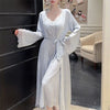 Women Long Twinset Robe Set Sexy Lace Trim Wedding Bathrobe Kimono Gown Sleepwear Elegant Ice Silk Nightgown Loungewear Homewear