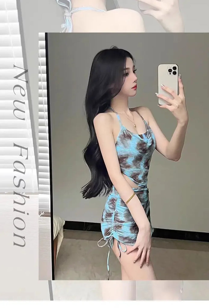 Sexy Women Floral Printed Bathing Suits with Beach Skirt Halter Bikinis Set Lady Push Up Swimsuit Swimwear Beachwear