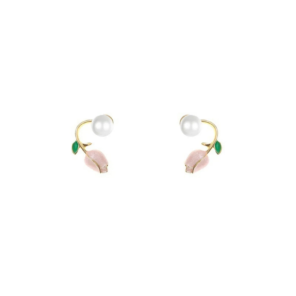 2pc French Tulip Flower Stud Earrings Light Luxury Imitation Pearl Earrings Women's Fashion Summer Female Ear Jewelry Party Gift