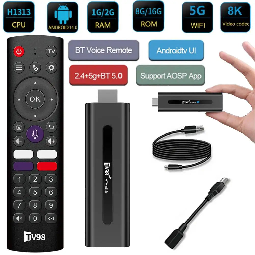 TV98 Android 14.0 TV Stick ATV Smart TV Box 8K 2.4G 5G WiFi Quad Core BT5.0 Android TV Stick 14.0 Smart TV Stick Allwinner H313