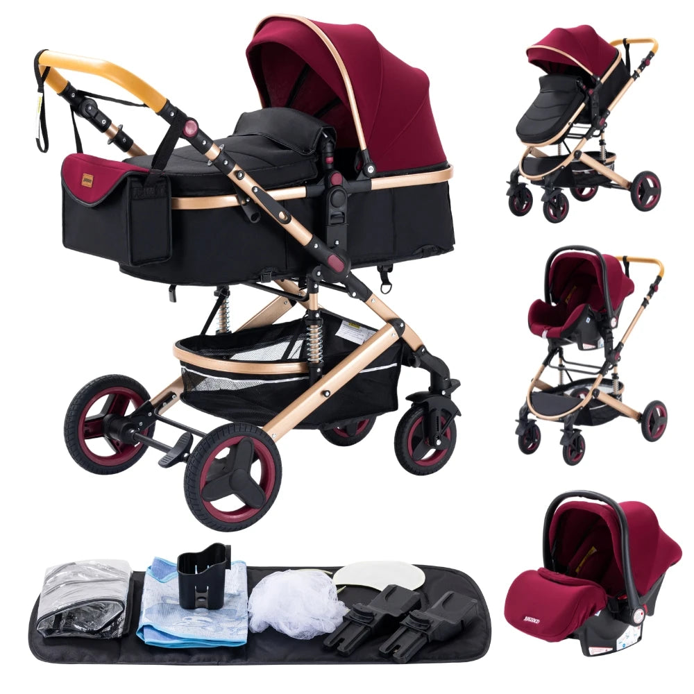 Luxurious 3 in 1 Baby Stroller Portable Travel Baby Carriage Folding Prams Aluminum Frame High Landscape Car for Newborn Baby BLACK