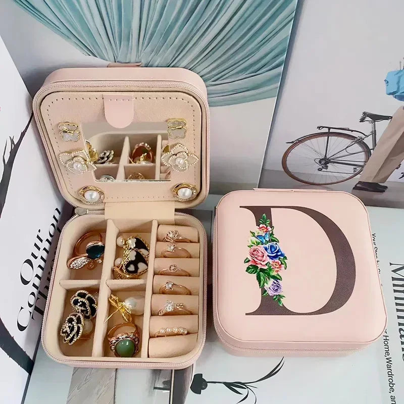 Flower&alphabet Jewelry Box Ring Boxes Travel Leather Jewellery Case Letter Print Bridesmaid Proposal Birthday Christmas Gift