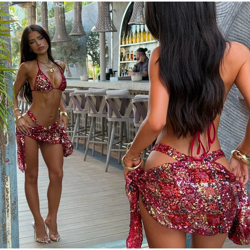 Sexy Sequin Bikini Skirt Sets Women Halter Backless Sleeveless Bikinis Lace Up Slim Mini Skirts Set 2025 Summer Lady Beach Suits