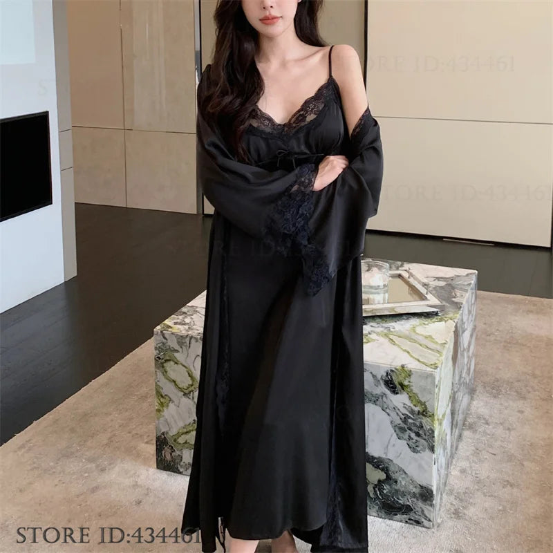 Women Long Twinset Robe Set Sexy Lace Trim Wedding Bathrobe Kimono Gown Sleepwear Elegant Ice Silk Nightgown Loungewear Homewear