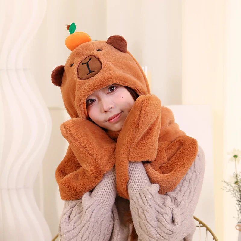 High Quality New Capybara Plush Hat Scarf Gloves 3-in-1 Elk Creative Cartoon Super Soft Warm Christmas Gift For Boys And Girls
