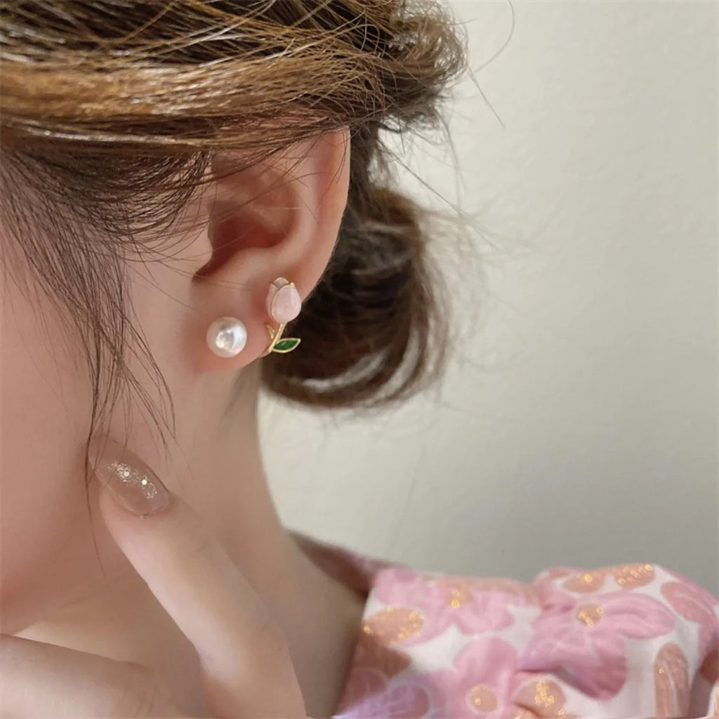 2pc French Tulip Flower Stud Earrings Light Luxury Imitation Pearl Earrings Women's Fashion Summer Female Ear Jewelry Party Gift