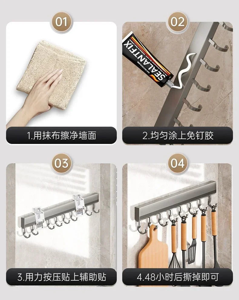 Kitchen Hook Wall Mounted Kitchen Storage Rack Storage Row Hook Holder No Punch Shelves with Movable Hook Kitchen Utensil