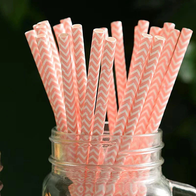 25PCS Party Straws For Juice Cocktails Smoothies Birthday Wedding Christmas Decorations Biodegradable Pink Paper Straws