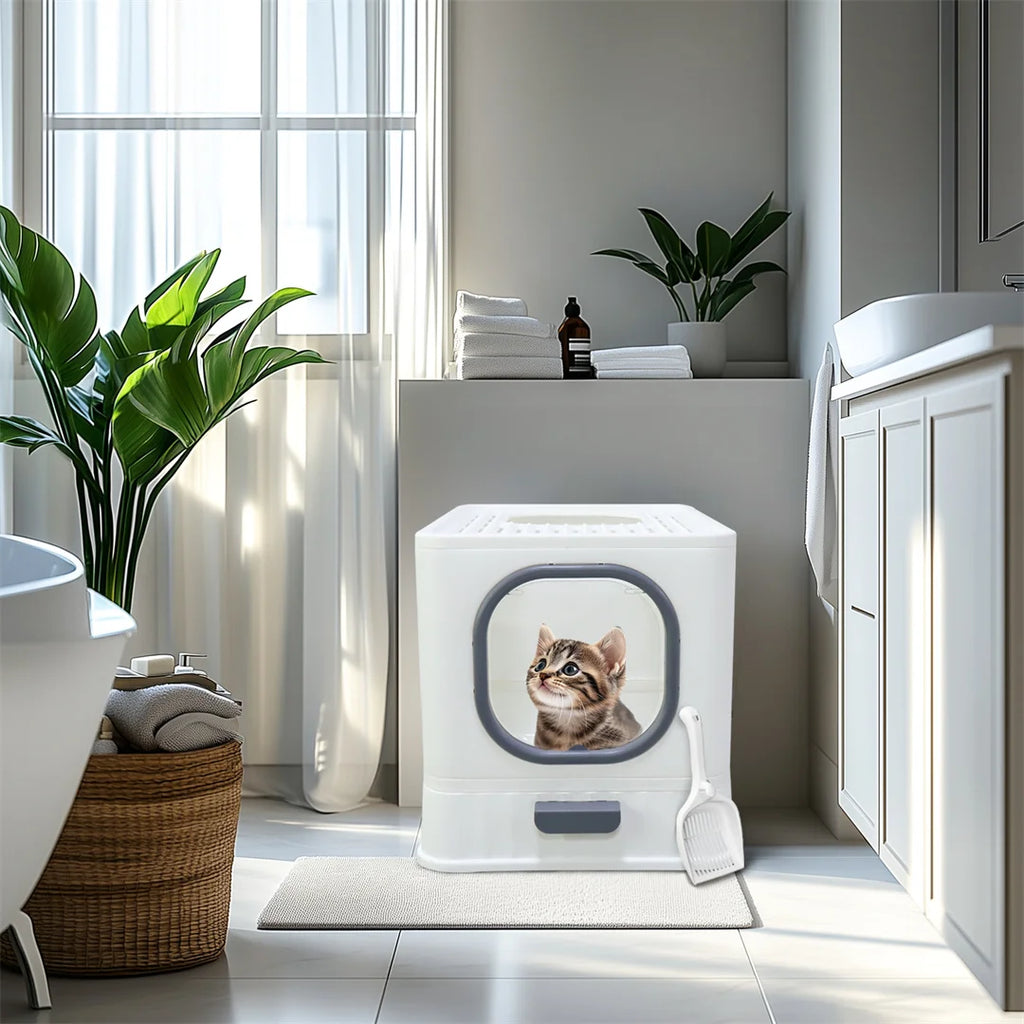 BingoPaw Cat Litter Tray Box: Foldable Top Entry Extra Large Cats Toilet with Lid Kitten Litter Tray Easy Cleaning Drawer Design