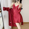 Sexy Female Nighty&Robe Set Intimate Lingerie Two Piece Summer Lace Flower Kimono Bathrobe Gown Sleepwear Set Satin Dress