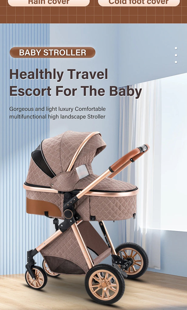 Luxurious Baby Stroller 3 in 1 Portable Travel Baby Carriage Folding Prams High Landscape Aluminum Frame Car for Newborn Baby