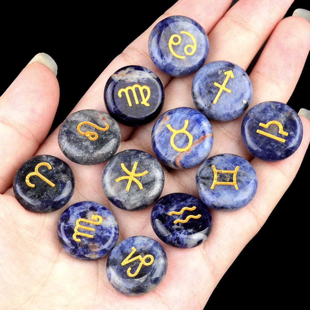 12pcs 18mm Round Zodiac Ornament Natural Stone Crystal Agate 12 Zodiac Sign Rune Reiki Stone Jewelry Accessories Christmas Gift