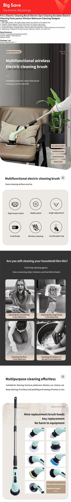 9-in-1 Electric Cleaning Brush Electric Spin Cleaning Scrubber Electric Cleaning Tools Parlour Kitchen Bathroom Cleaning Gadgets