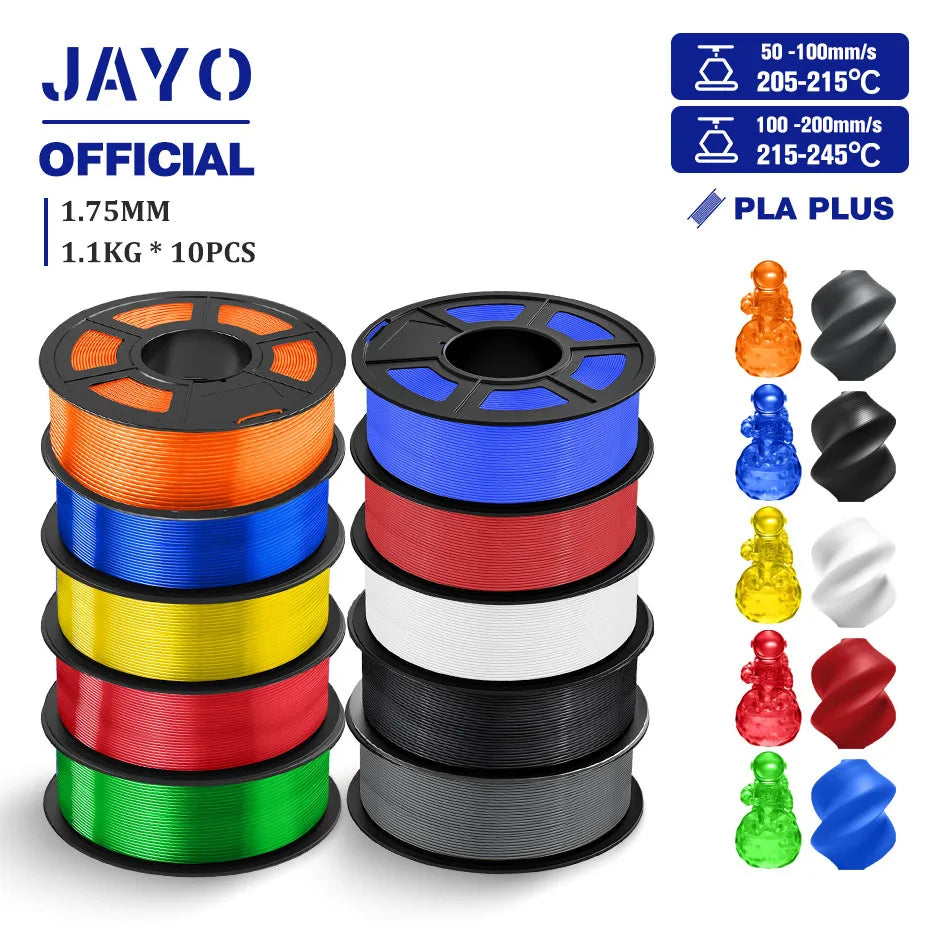 JAYO PLA + 3D Filament 1.75MM 10 Rolls PLA PLUS 3D Printer Filament Neatly Wound 3D Printing Filament 1.1kg Spool High Toughness