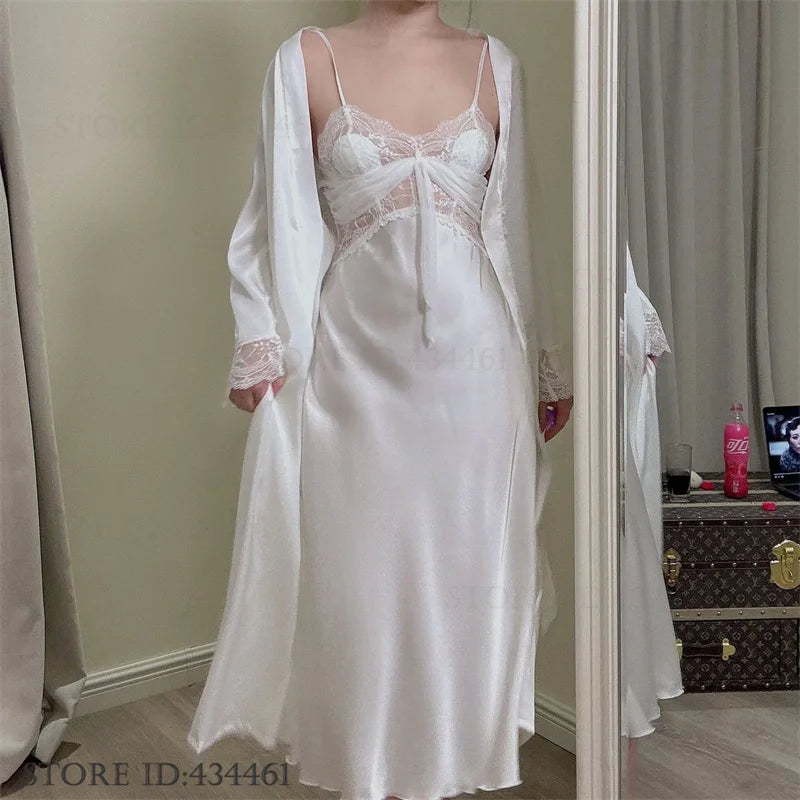 Women Long Twinset Robe Set Sexy Lace Trim Wedding Bathrobe Kimono Gown Sleepwear Elegant Ice Silk Nightgown Loungewear Homewear