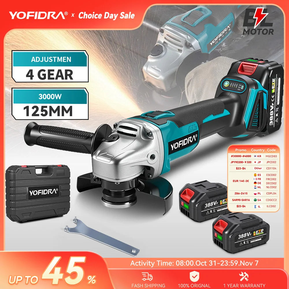 Yofidra 125mm Brushless Angle Grinder 4 Gears Cordless Grinding Machine Cutting Woodworking For Makita 18V-21V Battery Pin