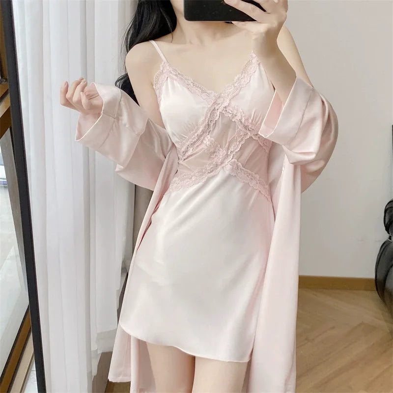 Sexy Female Nighty&Robe Set Intimate Lingerie Two Piece Summer Lace Flower Kimono Bathrobe Gown Sleepwear Set Satin Dress