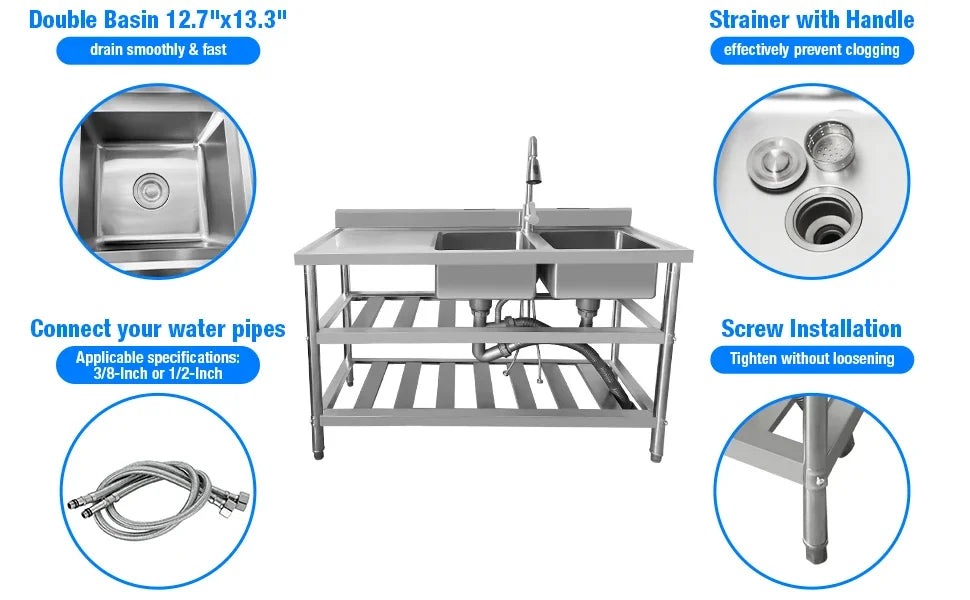 304 Stainless Steel Sink Commercial Restaurant Kitchen Sink with Drawable Hot & Cold Water Faucet