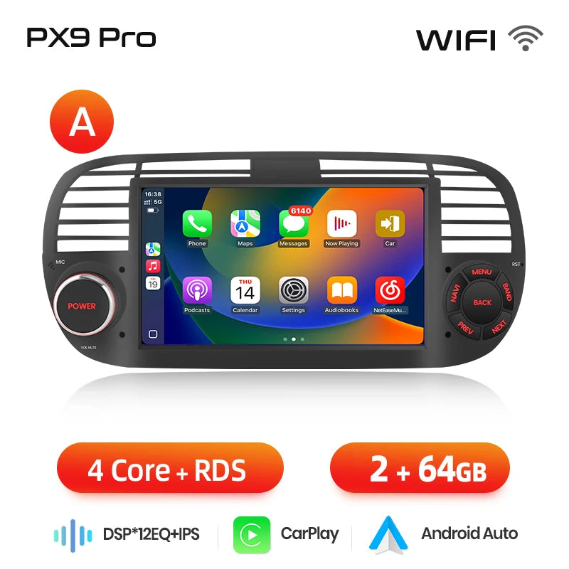 AWESAFE Wireless CarPlay for Apple Android 13 Auto Radio for FIAT 500 Abarth 2007 2008 2009-2015 Multimedia Screen Stereo GPS