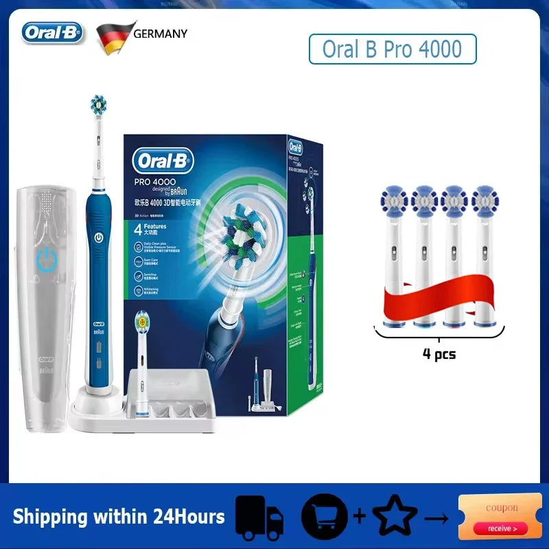 Oral B Pro 4000 Electric Toothbrush Rechargeable 3D Visible Pressure Sensor 4 Modes Sonic Tooth Brush for Adults Oral Cleaning
