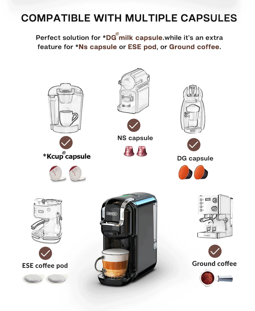 HiBREW Multiple Capsule Coffee Machine, Hot/Cold Dolce Gusto Milk Nespresso Capsule ESE Pod Ground Coffee Cafeteria 20Bar 5 in 1