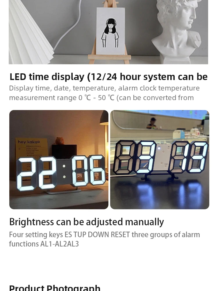 3D LED Wall Clock: Modern Digital Design with Nightlight & Luminous Alarm for Living Room Decor