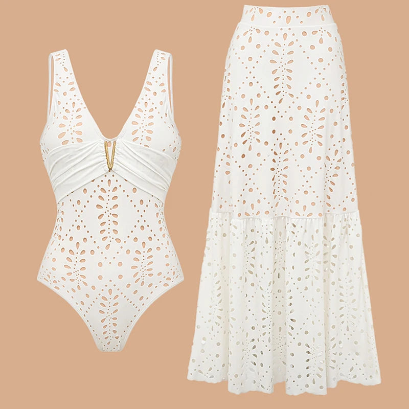 Women Bikini Set Swimsuit Sexy V Neck Solid Color Laser Cutting Flower Swimsuit Beachwear Luxury Summer Beachwear Dress