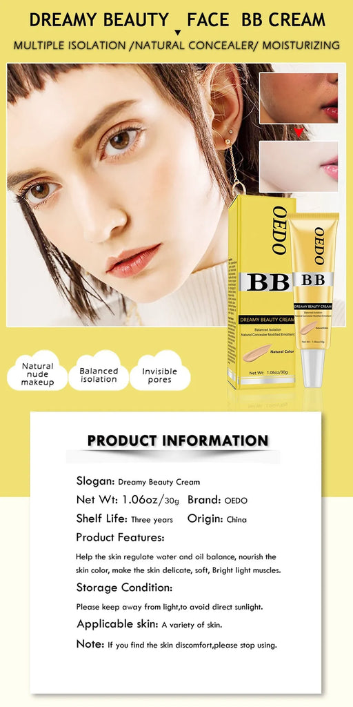 Dreamy Beauty Cream Makeup Natural Concealer BB Cream Face Care Modified Emollient Easy to Wear Sun Block Whitening Cream 30g