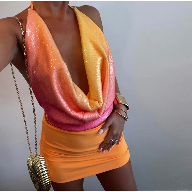 Sexy Sequined Halter Skirt Set Women Sleeveless Lace Up Tops Hip Package A-line Skirts 2025 Summer Lady Chic Party Beach Outfits